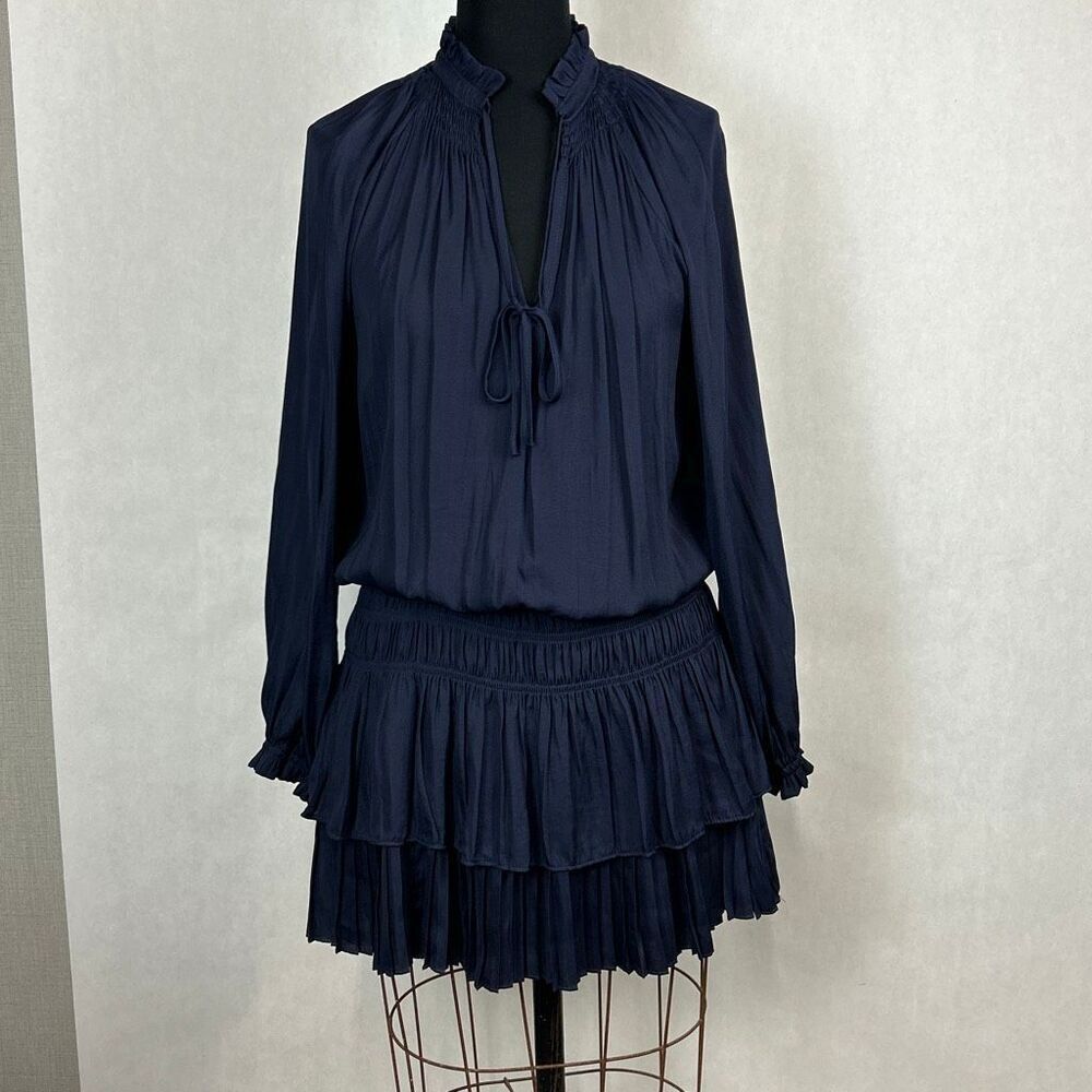 Mustard Seed Navy Blue Blouson Mini Dress Sz Small Smocked Waist Layered Skirt